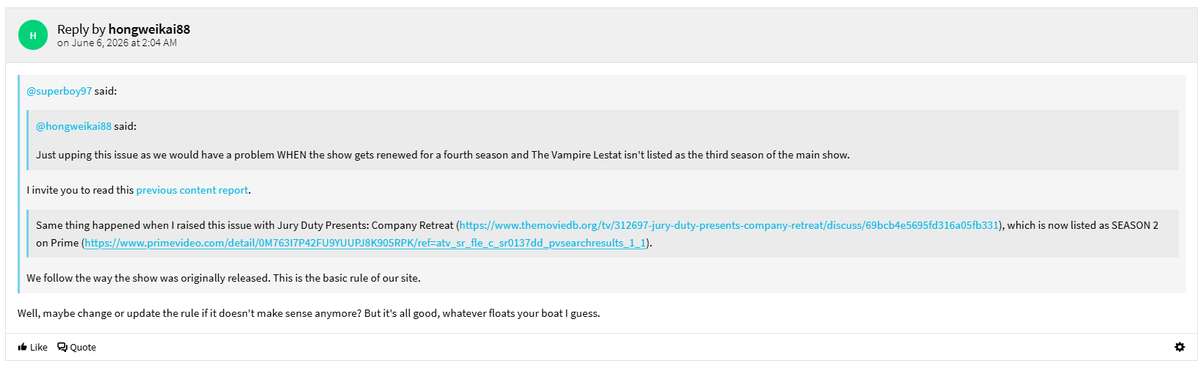 AngTerTer's tweet photo. @serializd @praveenasarav Jury Duty Presents: Company Retreat initially had a separate page on Prime but it's now listed as Season 2, but @themoviedb mods refuse to acknowledge and fix this. Also, if changes are made or if TMDb pages are deleted, do we lose reviews on @serializd? (3/n) https://t.co/5MCDWXXg2Y