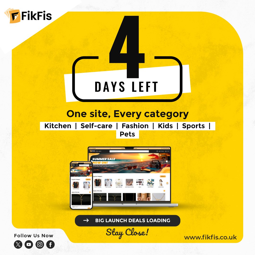 Fikfisltd's tweet photo. π₯ 4 DAYS LEFT! π₯ The countdown is getting exciting! In just 4 days, FikFis will bring a whole new shopping experience to the United Kingdom. π¬π§ποΈ
One Site. Every Category. Everything You Need.
π https://t.co/5mrjw5Vgvu
#FikFis #4DaysToGo #UKLaunch #OnlineShoppingUK https://t.co/HNbIQPSir0
