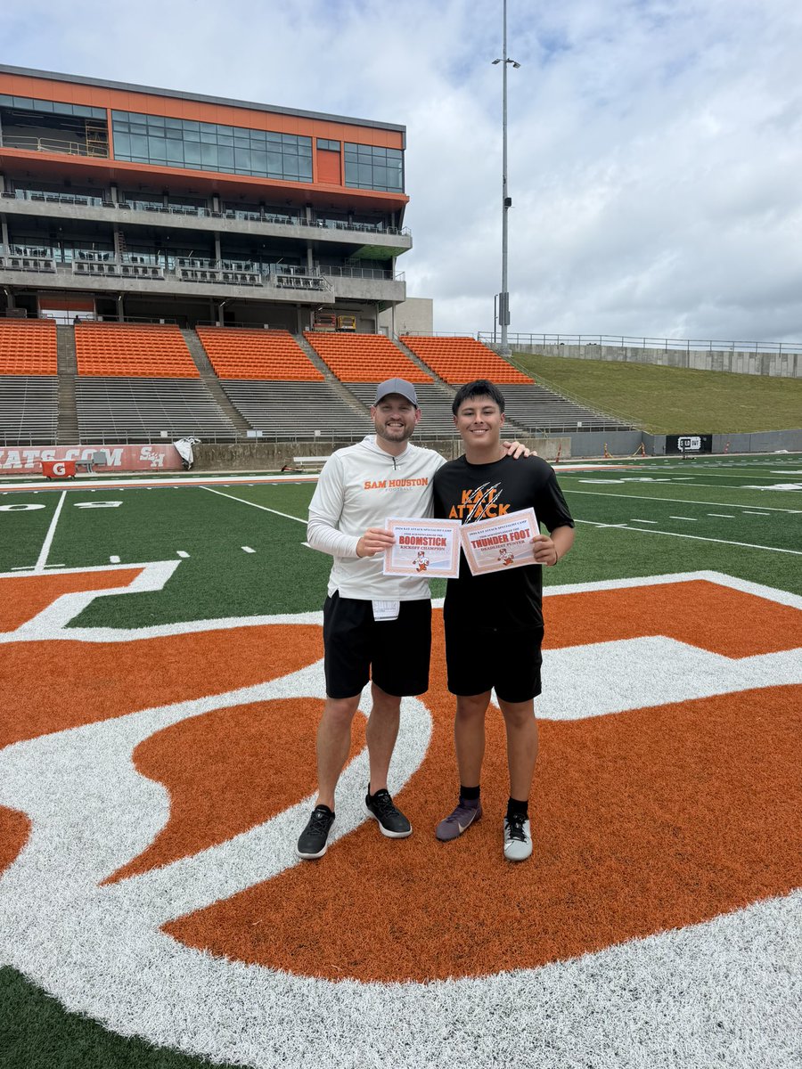 GMichael0617's tweet photo. Had an amazing time at @BearkatsFB specialist camp today. A big thanks too @CoachRaisbeck for  inviting me out and making this camp a very memorable one.  Also thanks too @CoachDaPrato for being there and seeing me in person. 
- Won Punt Comp
- Won Kickoff Comp
- Top 4 in FG Comp https://t.co/IpI9upAHI1