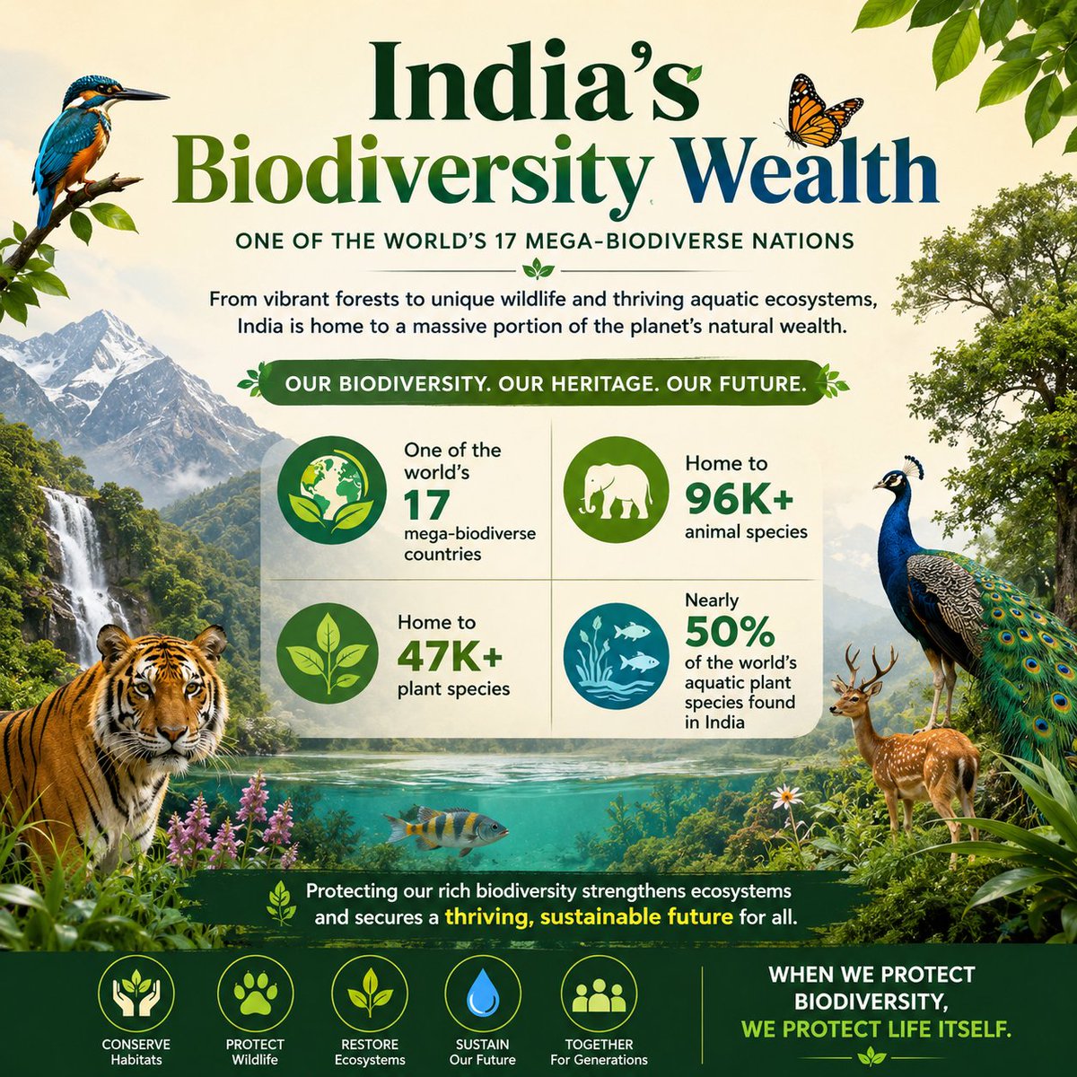 narottamsahoo's tweet photo. India is one of the world’s 17 mega-biodiverse nations - a living treasure of vibrant #forests, majestic #wildlife, rich #marine ecosystems, and countless unique species.

Our extraordinary biodiversity is not just a natural heritage; it is the foundation of ecological balance, resilience, and #sustainable development.

Every species protected, every habitat conserved, and every #ecosystem restored strengthens the future of our #planet. 

Let us celebrate, cherish, and safeguard India’s priceless natural wealth for generations to come.

When we protect #biodiversity, we protect #life itself.