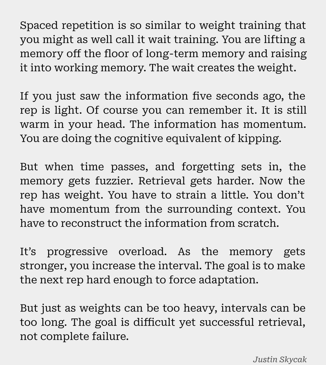justinskycak's tweet photo. Spaced repetition is like weight training for memory. You might even call it wait training. https://t.co/LWto5q5O1D