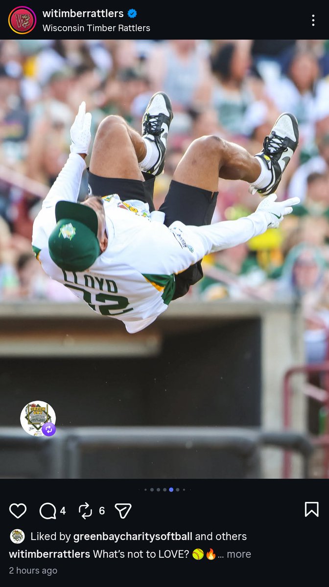 ADather's tweet photo. @m_lloyd_2 doin backflips at the charity softball game - this dude is ready to ball out this year, Packers fans. https://t.co/DgELgLTXPZ
