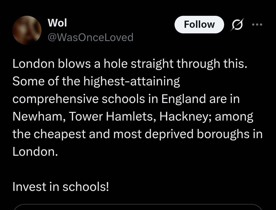 Elephantastick's tweet photo. @GuyEmma68700 @ChloeMac20 @WasOnceLoved @katharinebarto6 @DanNeidle @Liberalscribble It exposes their hypocrisy too. Imagine claiming to be opposed to two tier educational opportunity then tweeting about how London has the best state schools in England (because the gov invested in them, apparently... but nowhere else?) 🤣 https://t.co/et9qfzpIza