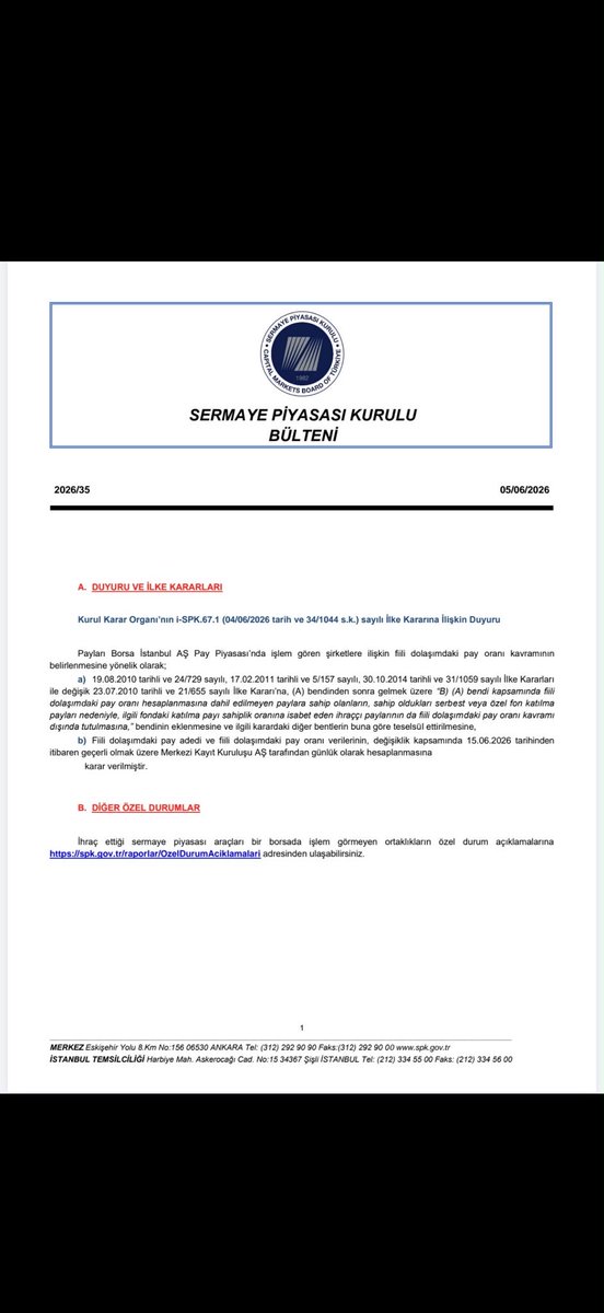 Aydinvesting's tweet photo. Bugün SPK’nın yeni kararı hakkında biraz düşündüm. Artık patronun ilişkili olduğu fonlara devredilen hisseler, fiili dolaşım oranına dahil edilmeyecek. Bu, halka açıklık oranının daha şeffaf hesaplanmasını sağlıyor.
Ama bir noktaya dikkat: Patron hisseleri fiili dolaşım dışında kalınca, bazı hisselerin fiili dolaşım oranı daha da düşük görünebilir. Yani, bu karar manipülasyonu tamamen engelliyor demek kolay değil.
Sonuçta, bu kararı okurken sadece fiili dolaşım oranına bakmak yetmez. Patron payına, ilişkili fonlara, ve şirketin gerçek halka açıklığına da dikkat etmek gerekiyor. Yani, daha dikkatli okumak şart.
Unutmayın, bu benim kişisel yorumum, yatırım tavsiyesi değildir.