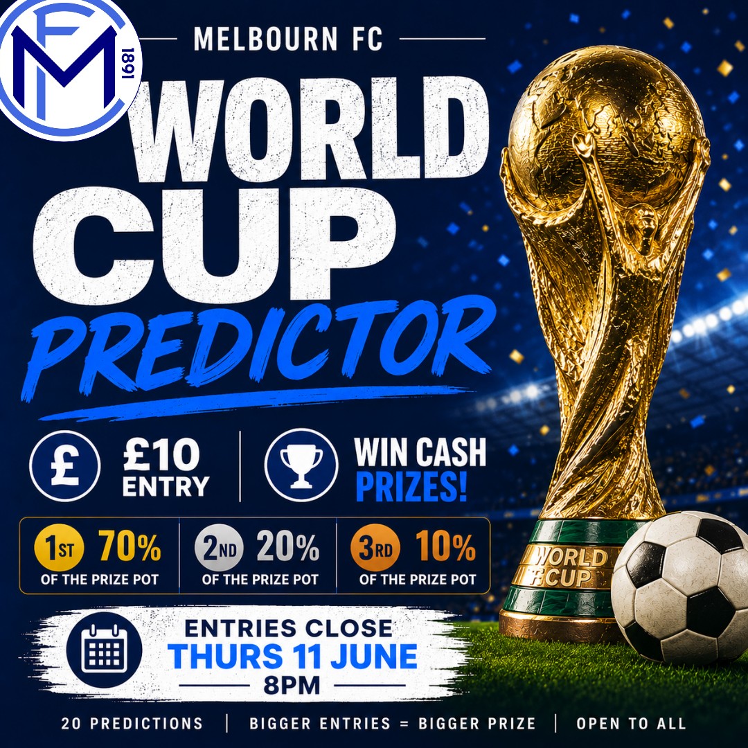 Melbourn_FC's tweet photo. 🌍 CAN YOU PREDICT THE WORLD CUP? 🌍

Our World Cup Predictor is now LIVE! ⚽🏆

⏰ Entries close at 8pm on Thursday 11 June.

Enter online here:
https://t.co/hQJjGzzNII

Paper copies are also available from club members.

Good luck! 💙⚽

#UpTheMelbourn #WorldCup2026 #Predictor https://t.co/HuLiK5d9so