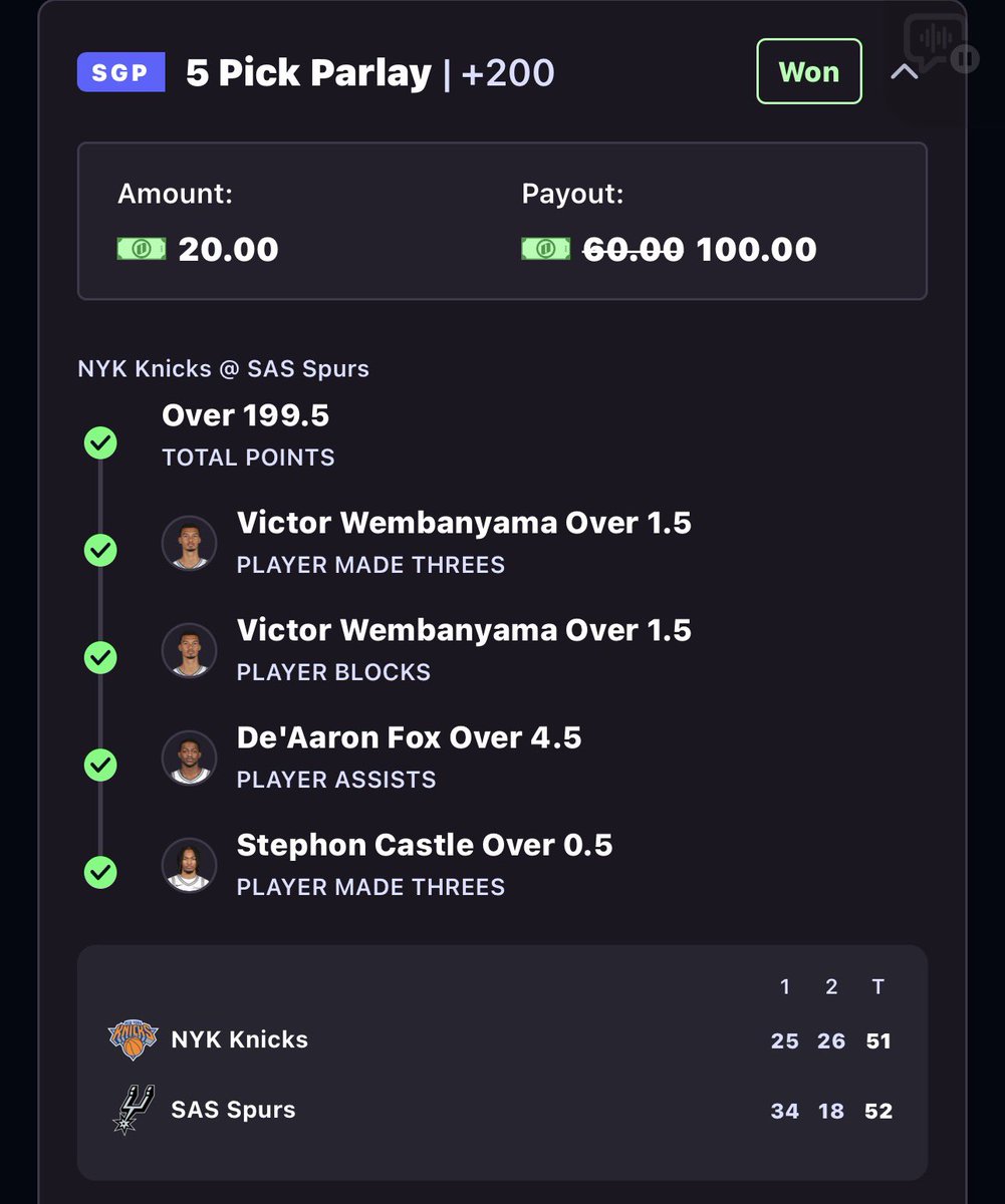 nobsbets's tweet photo. Still bummed about wemby 3s volume just wasnt there 

Cash this tho✅✅✅ https://t.co/MBU2NYv36l