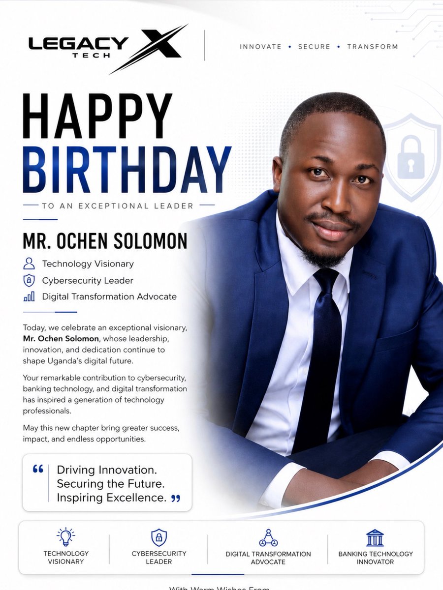 Legacyxtech's tweet photo. 🎉 Celebrating a true technology visionary, Mr. Ochen Solomon wishing you a Happy Birthday and continued success in shaping Uganda’s digital future. 🚀 https://t.co/U3yq1ALMI2