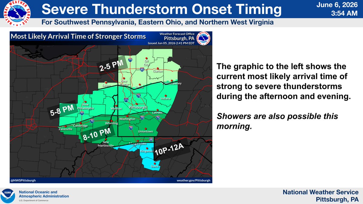 NWSPittsburgh's tweet photo. Little change in the forecast for strong to severe storms this afternoon/evening. The primary threat is damaging wind &amp; large hail. An isolated tornado cannot be ruled out. There is still some uncertainty in the exact timing at specific locations as 1-2 rounds move through. https://t.co/hXjlgLE5mZ