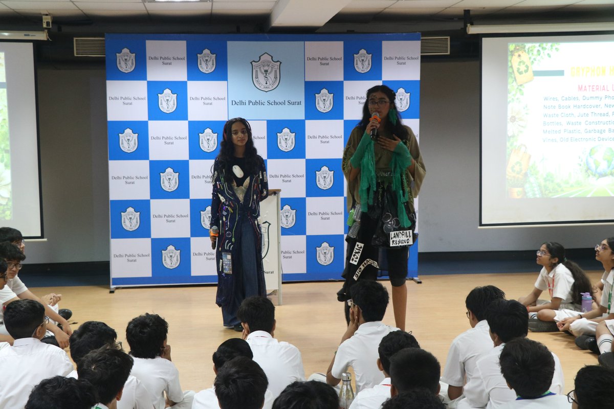 DPSSurat's tweet photo. Creativity met sustainability at EcoVogue 2026, an inter–house competition held at DPS Surat! Class IX students showcased recycled fashion, inspiring ideas, and a commitment to a greener future. https://t.co/UygAAjVfWi