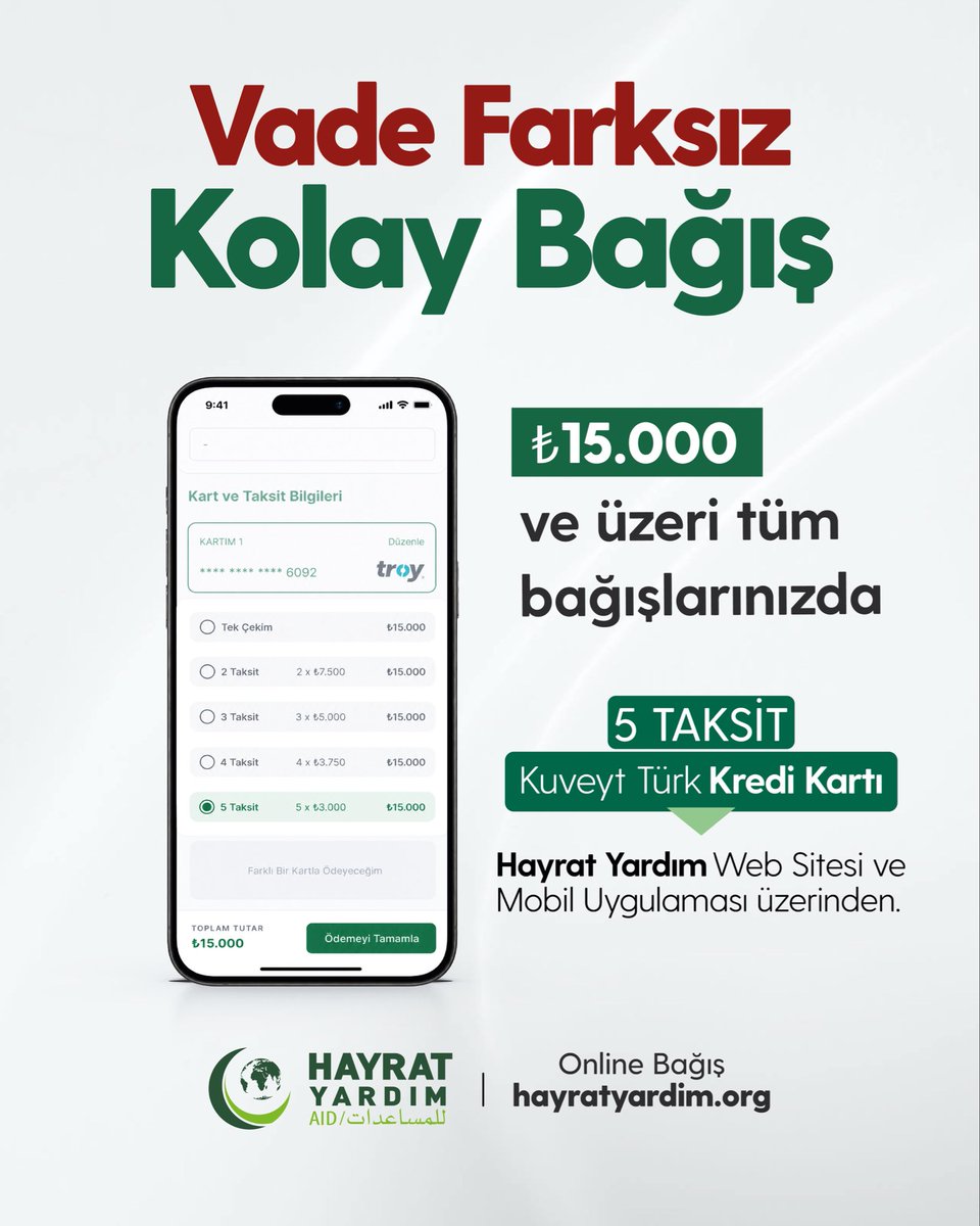hayratyardim's tweet photo. Kuveyt Türk kredi kartlarına özel, 15.000 TL ve üzeri tüm bağışlarınızda 5 taksit imkânı sizleri bekliyor.

Hayra vesile olmak artık daha kolay. Kurban, Gazze, su kuyusu, eğitim ve diğer yardım çalışmalarına yapacağınız bağışları web sitemiz veya mobil uygulamamız üzerinden taksitli olarak gerçekleştirebilirsiniz.

🌐 https://t.co/2uedAyr8Gg
