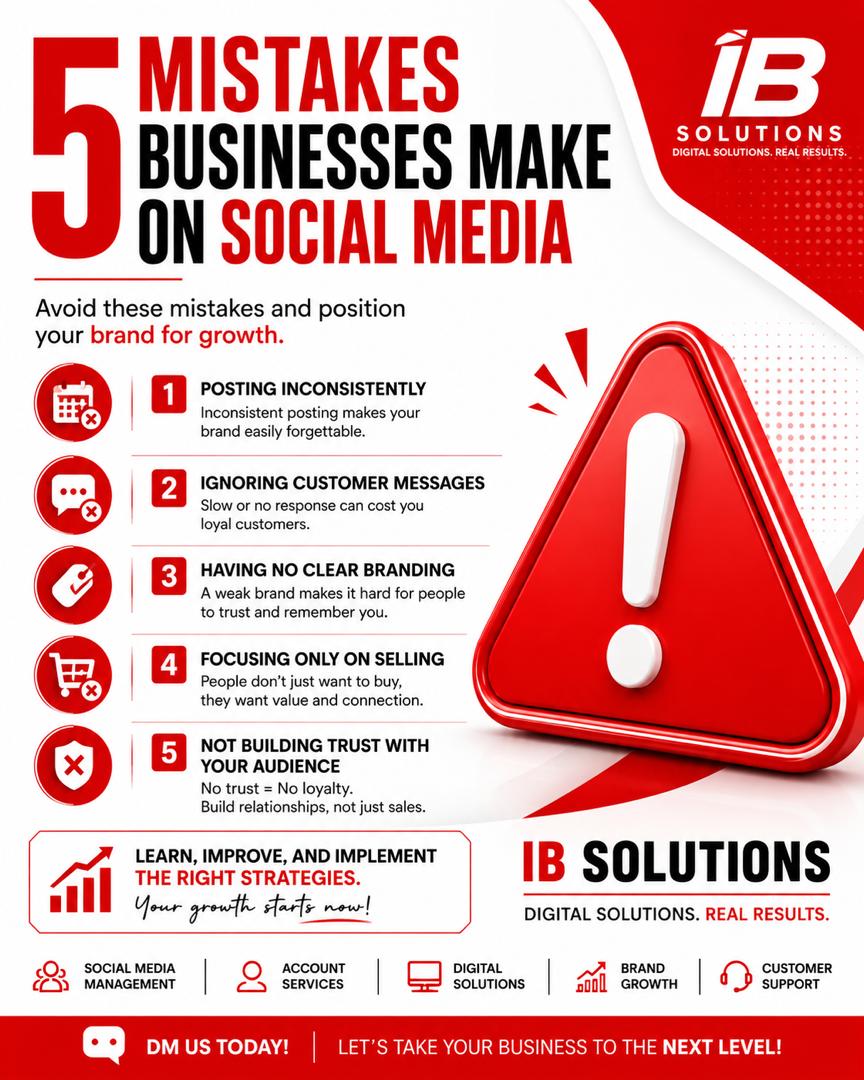 Ibsolnsofficial's tweet photo. 5 mistakes businesses make on social media:
Inconsistent posting
Ignoring DMs
Weak branding
Selling too much
Not building trust
Which one do you see most often? 🤔
#IBSolutions https://t.co/yj5uI6bxvo