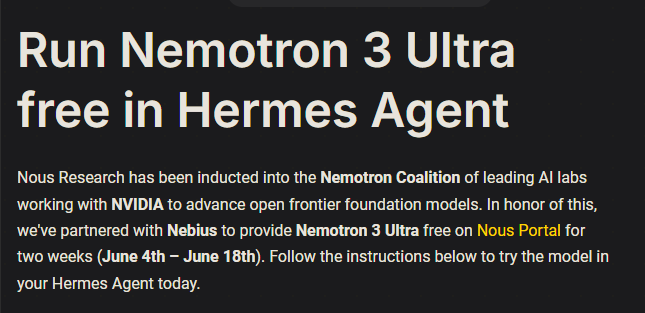 miftaikyy's tweet photo. You can run Nemotron 3 Ultra for free.

No API credits needed. Just install Hermes Agent, connect your Nous Portal account, and select:

nvidia/nemotron-3-ultra:free

Available for a limited time until June 18.

Guide:
https://t.co/DYTPHkaQze https://t.co/dw35NzTlLY