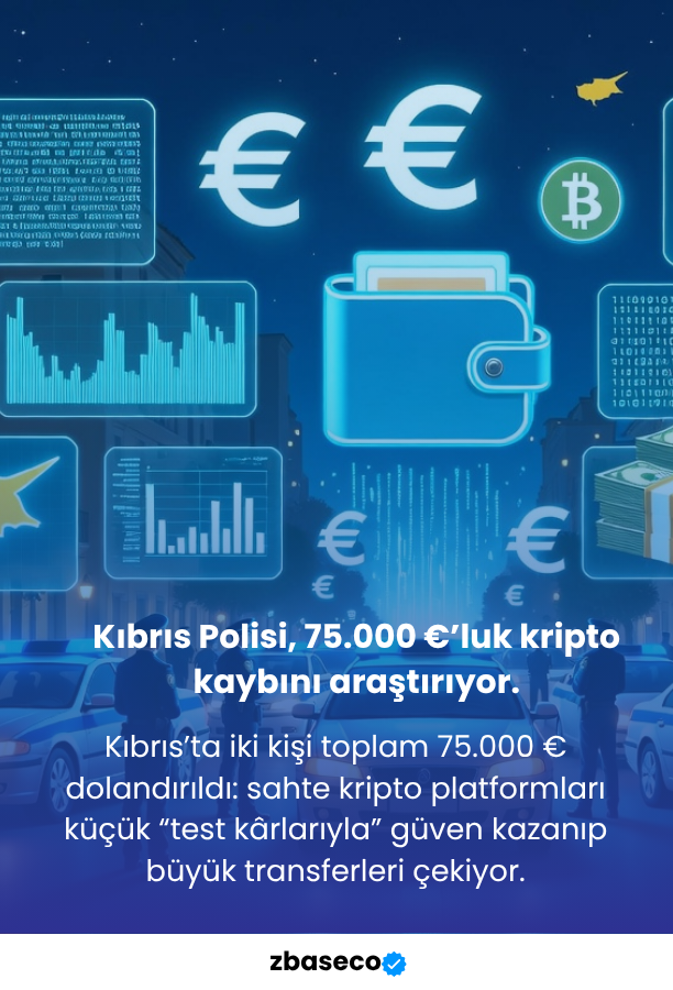 ZbaseCo's tweet photo. Kıbrıs’ta iki farklı yatırımcı toplam 75.000 € kaybetti; sahte kripto platformları önce küçük “kâr” gösterip güven kazanıyor, ardından uzaktan erişim ve artan transfer talepleriyle tüm parayı çekiyor. Aynı taktik: sahte danışmanlar, kâr ekranları, çekim ücreti bahanesi ve sonunda erişilemeyen bir platform. Avrupa genelindeki kripto scam’leriyle birebir aynı senaryo; hızlı kazanç vaat eden her site artık kırmızı alarm.

#Zbaseco #kripto