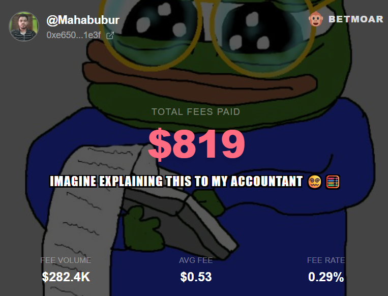 lavlu67's tweet photo. I've paid $819 in @Polymarket fees 🔥

Imagine explaining this to my accountant 😵‍💫🧮

NB- Replace your poly address with YOUR_ADDRESS on the below link.
Check your fee receipt: https://t.co/y88QVnlP3a https://t.co/GuYJs6jhUD
