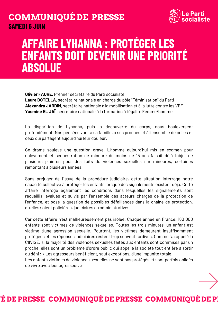 partisocialiste's tweet photo. 🔴Communiqué de presse : Affaire Lyhanna : protéger les enfants doit devenir une priorité absolue

👉Lire la suite du communiqué https://t.co/rHb6440cbt https://t.co/8Ztjb3G4A4
