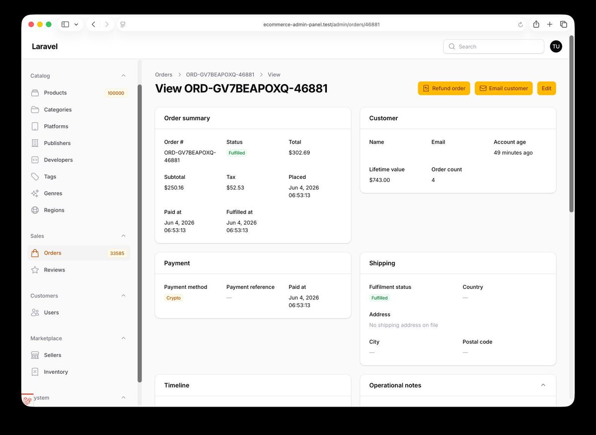PovilasKorop's tweet photo. New project (no.92!) on our Filament Examples website.

Large E-Commerce Marketplace Panel 
https://t.co/EeeNd7bG4W 

It shows Filament resources, widgets, tables, infolists, and relation managers at scale with cached metrics, chunked bulk operations, and eager-loaded columns. https://t.co/tMpWQM3tg7