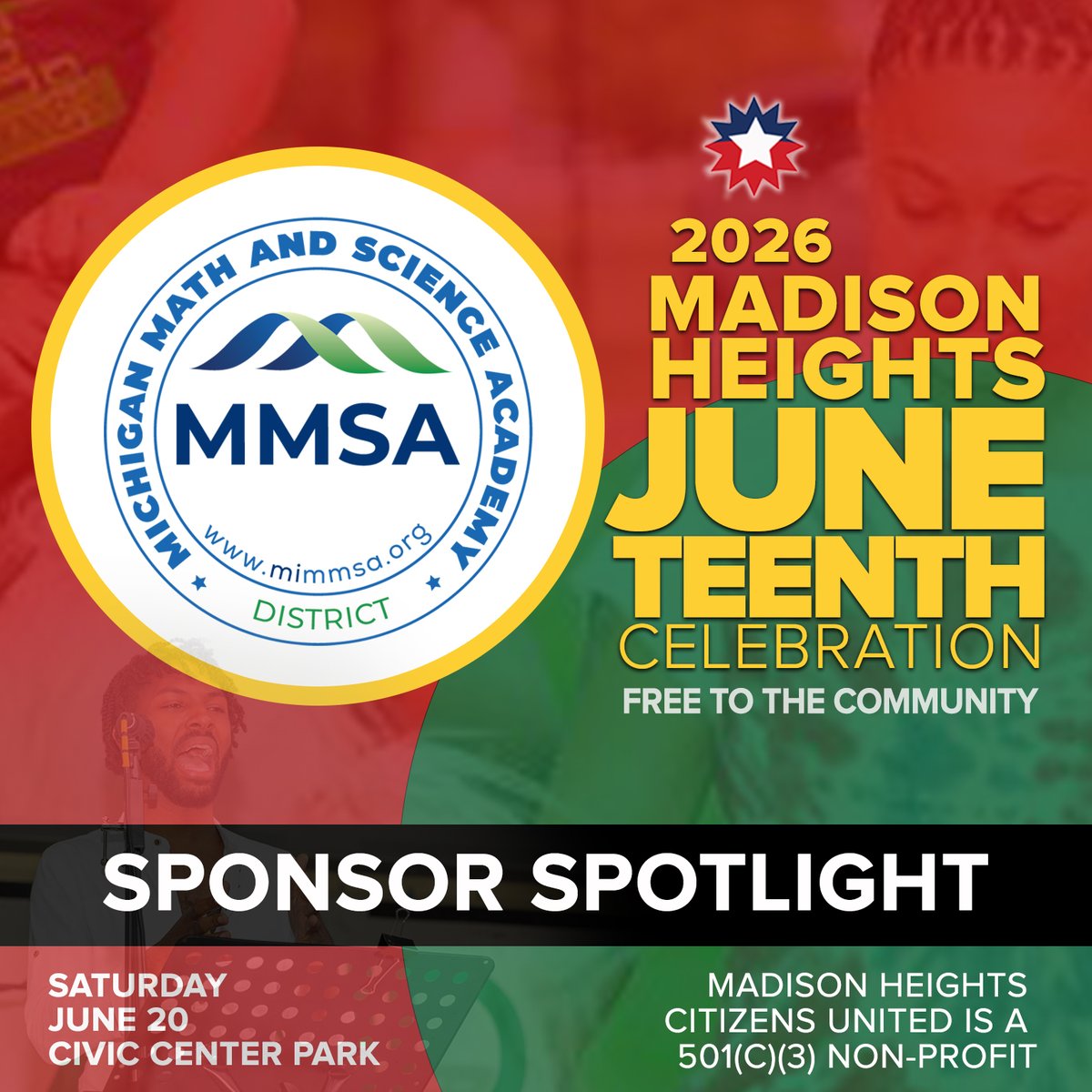 MadisonHeight10's tweet photo. Thank you to Michigan Math and Science Academy for becoming a Unity Sponsor of the 2026 Madison Heights Juneteenth Celebration! We couldn't offer this event free to the community without the generosity of our sponsors. https://t.co/zhQtA1tedT