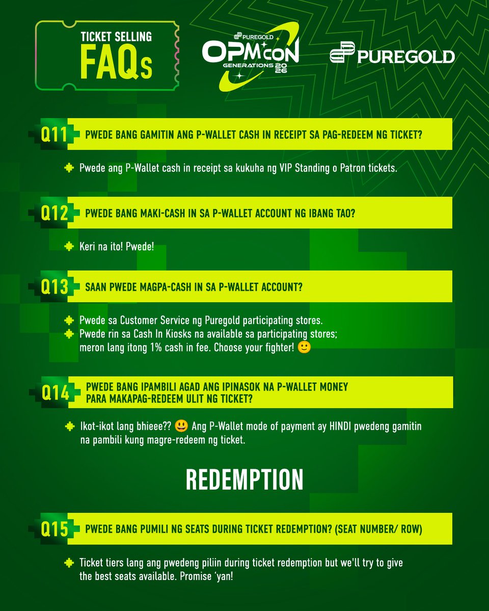 Puregold_PH's tweet photo. We listed all your questions! And here it is… the longest FAQs deck that we ever prepared! We gotchu fam! 😉
 
Hope this helps sa inyong manifestations and tix strategy ✨

Pag may kulang pa, drop your questions at the comments section below.

#PuregoldOPMConGenerations2026
#AlwaysPanalo