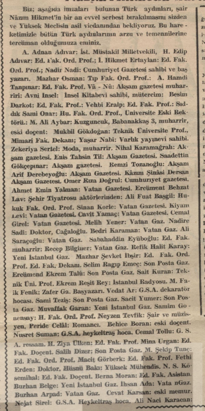 severmibaran's tweet photo. nazım hikmet'in mahkumiyetinin son bulması için imzacı olan isimler. 6 haziran 1950. 76 yıl önce bugün. https://t.co/AaXNjyXlWY