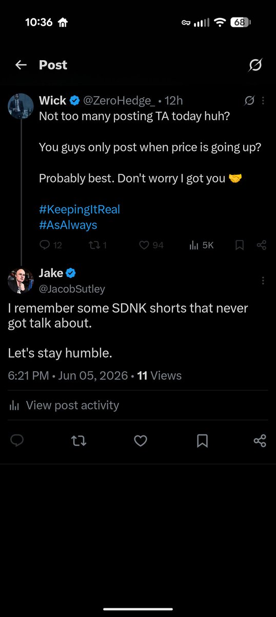 JacobSutley's tweet photo. Nothing says 'real talent rises' like shorting $SNDK at ~$600 in March... then watching it rip to $1,800+ while quietly moving on 😂

I politely reminded @ZeroHedge_ of those shorts. Reply: 'Let's stay humble.'

His response? Blocked.

Meanwhile today: NVDA 'not looking good' bearish breakout post.

The humility feud with @MikeAlfred hits different now.

#FintwitHumilityCheck #StayHumble #SNDK