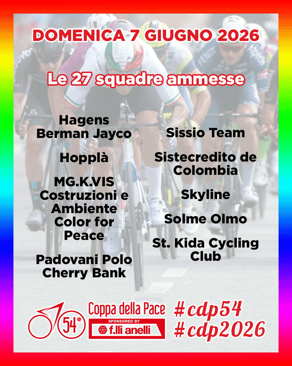 CoppadellaPace's tweet photo. 𝐃𝐨𝐦𝐞𝐧𝐢𝐜𝐚 𝟎𝟕/𝟎𝟔/𝟐𝟎𝟐𝟔 | 𝐏𝐚𝐫𝐭𝐞𝐧𝐳𝐚 𝐨𝐫𝐞 𝟏𝟑:𝟑𝟎
54^ 𝐶𝑜𝑝𝑝𝑎 𝑑𝑒𝑙𝑙𝑎 𝑃𝑎𝑐𝑒 | 51° 𝑇𝑟𝑜𝑓𝑒𝑜 𝐹.𝑙𝑙𝑖 𝐴𝑛𝑒𝑙𝑙𝑖
27 team al via per 160 atleti iscritti provvisori.
Appuntamento per l'elenco partenti a domenica mattina dopo il controllo licenze. https://t.co/wHZMfrFnof