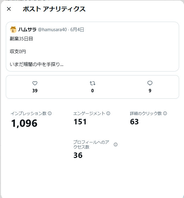hamusara40's tweet photo. 副業37日目

収支0円

停滞感が続く

初心にかえって

まずは自分を出す

そして

フォロワーのnote見る

仲間から勉強する

0→1のため

とにかく続ける

今日もこんなとこ

一緒に頑張りましょう！ https://t.co/ZAv26WWtVC