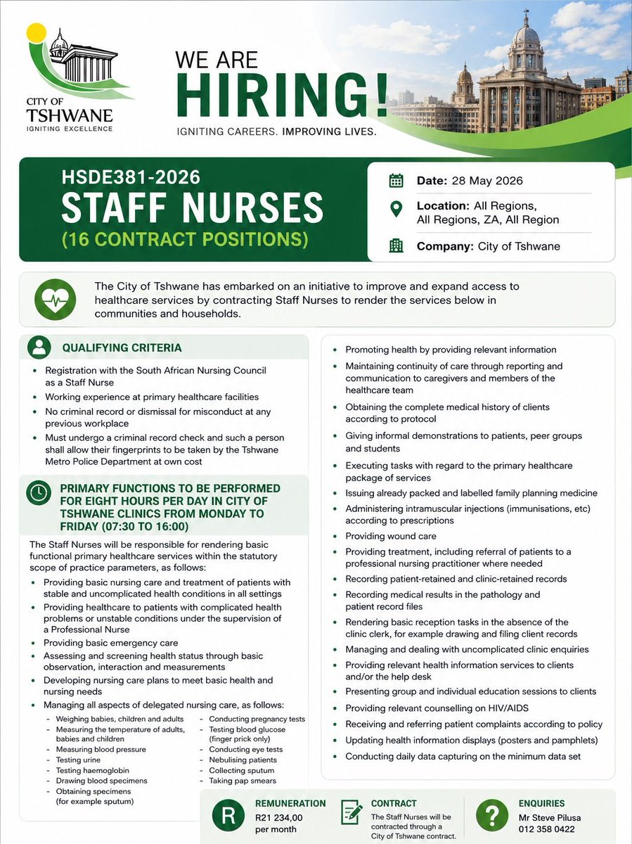 CarolBoitumelo1's tweet photo. City of Tshwane is hiring! NURSES

📌STAFF NURSES ✔️16x Posts

Ref: HSDE381-2026

Salary: R21, 234 p/m

Minimum Requirements:
- SANC registration 
- Primary healthcare care skills

Closing Date: Not specified!

Note: Visit Their Official Site To Apply

Full Details: https://t.co/byyMziQ3R4