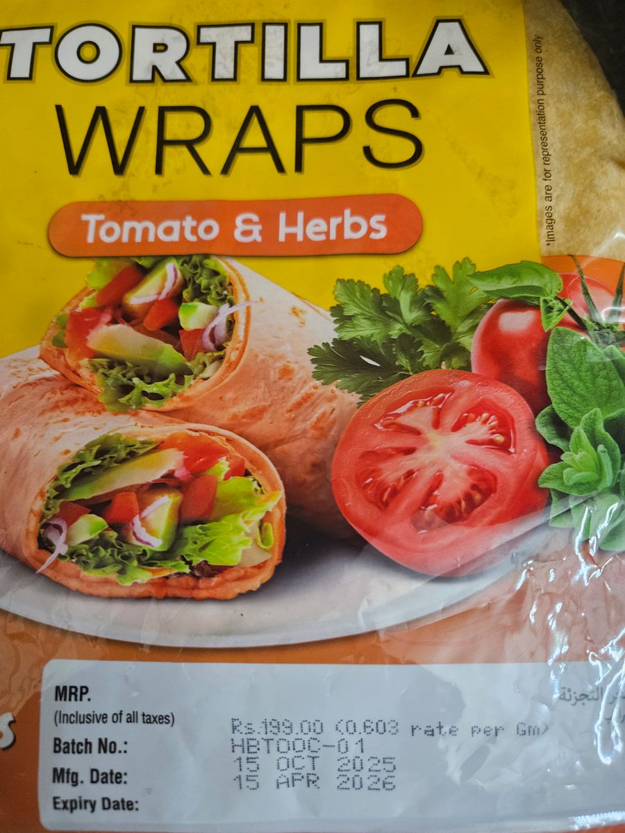 vinaykcr's tweet photo. Ordered Tomato &amp; Herbs Tortilla Wrap on @Swiggy Instamart and received an EXPIRED item, 7+ weeks past its best-before date. Selling expired food is a serious safety risk. @fssaiindia @jagograhakjago @SwiggyCares #FoodSafety #Instamart https://t.co/ocUyn8dEYM