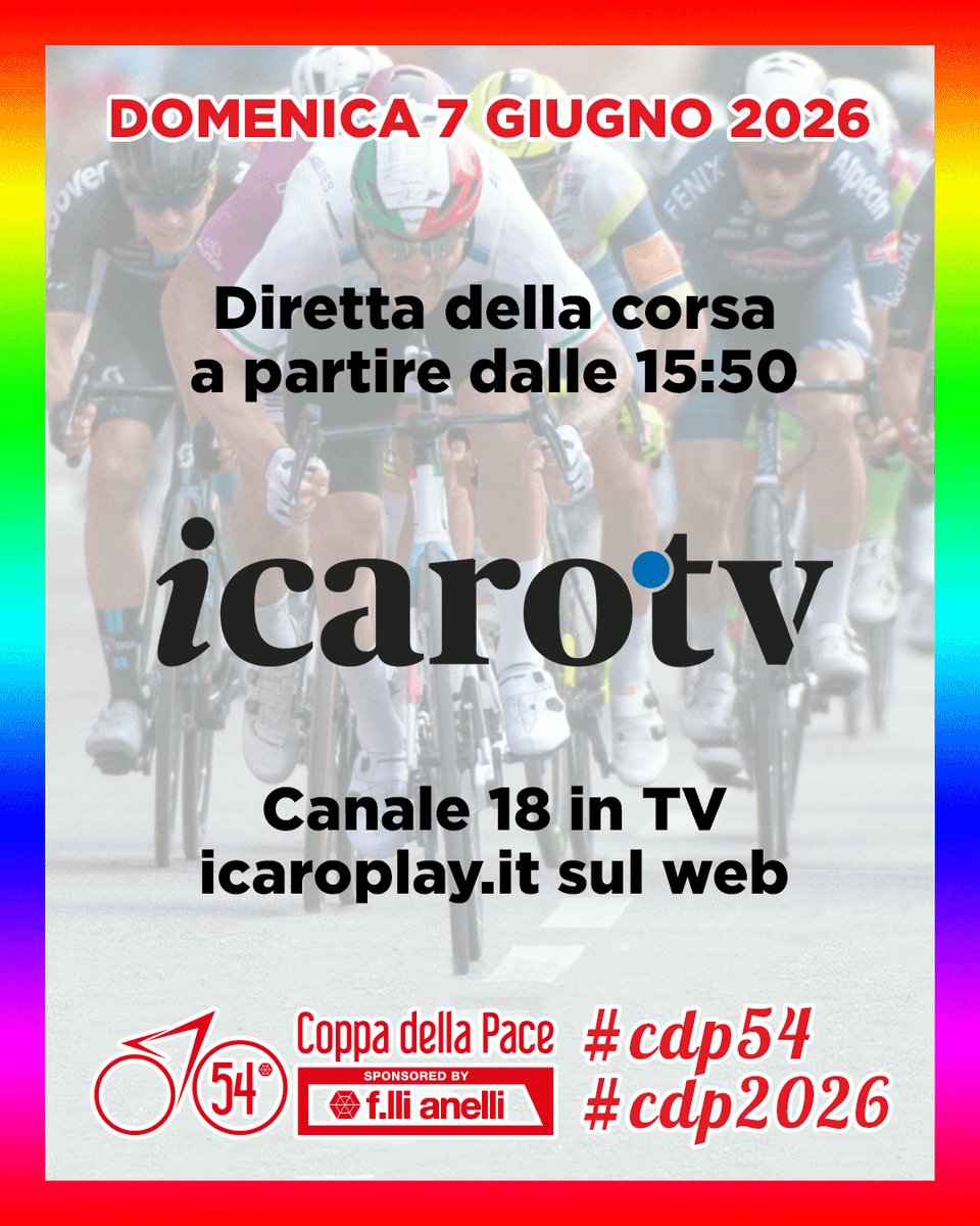 CoppadellaPace's tweet photo. Coppa della Pace 2026 - Trofeo F.lli Anelli 2026
Domenica 7 giugno 2026 si correrà la 54^ Coppa della Pace, nonché 51° Trofero F.lli Anelli. 
Diretta della corsa a partire dalle ore 15:50:
- IcaroTV, canale 18
- IcaroPlay, app mobile
- YouTube, canale Toscana Sprint
#u23 #uci https://t.co/6U9Ffn2Bmk