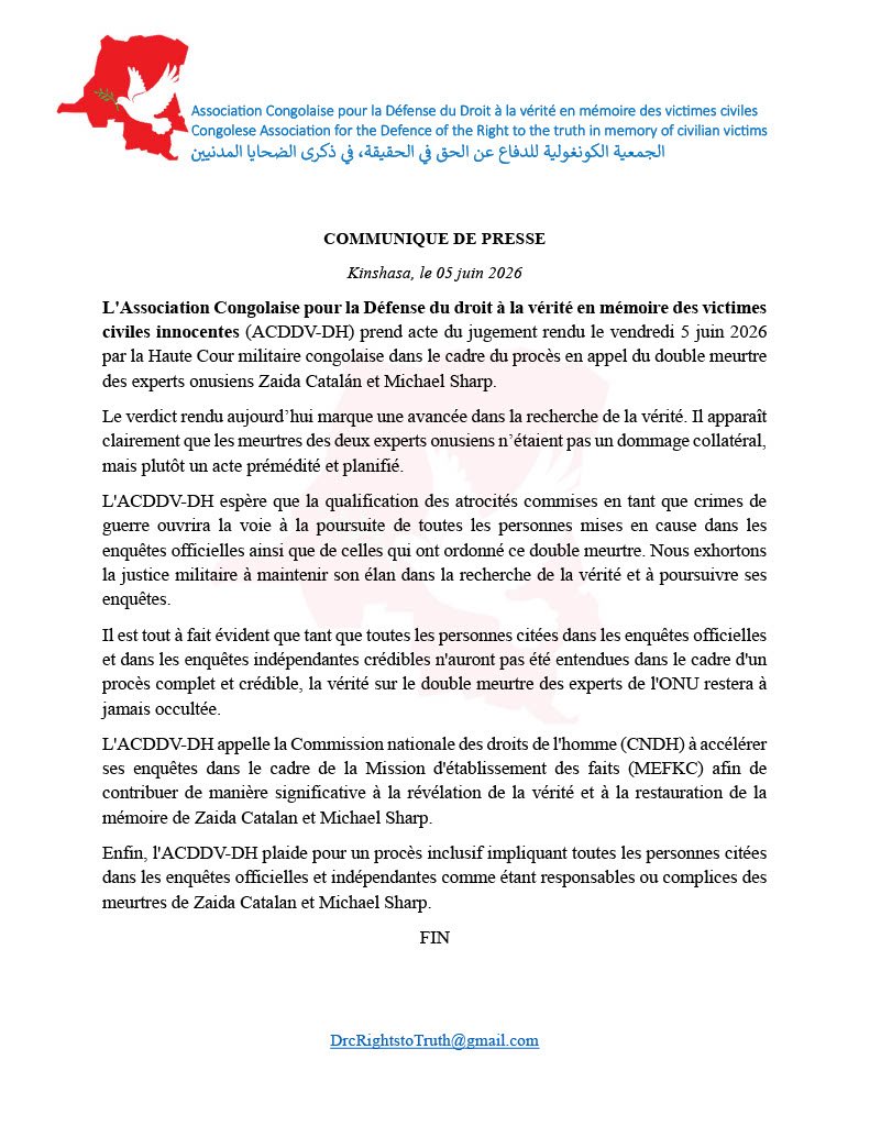 MrLontulungu's tweet photo. Double meurtre des experts de l'ONU #ZaidaCatalan #MichaelSharp : l'ACDDVH prend acte du verdict final rendu par la Haute Cour militaire et demande la tenue d'un nouveau procès, inclusif, impliquant toutes les personnes citées dans les enquêtes officielles et indépendantes. https://t.co/IgJQg3T6d8