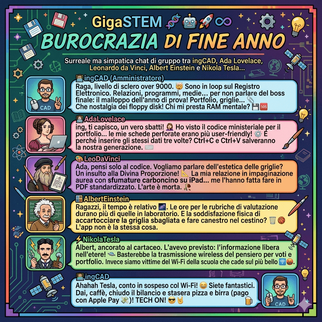 ingCAD's tweet photo. #GigaSTEM 🧬🤖🚀♾: surreale ma simpatica #chat di gruppo tra #ingCAD e alcuni dei più grandi giganti della storia nel campo della #Scienza, #Tecnologia, #Ingegneria e #Matematica. Oggi si parla di delirio burocratico di #fine #anno #scolastico!
https://t.co/zwIFlMGQz0
#TECH ON! https://t.co/XfFYgLNxGo