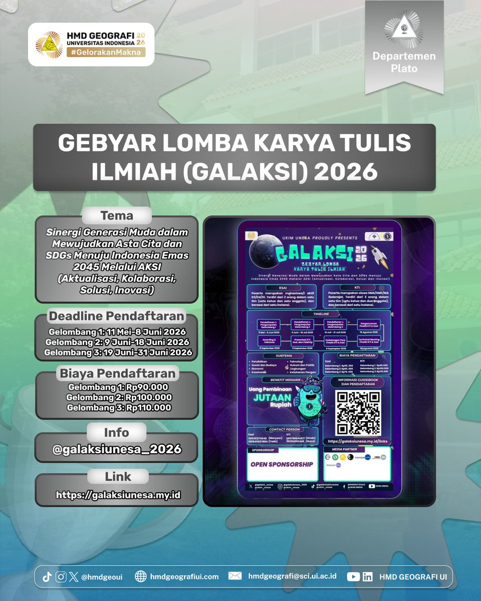 HMDGeoUI's tweet photo. [GEO FOR ACHIEVEMENT EDISI JUNI 2026]

Halo, Konstelator! 🌏✨

Ada informasi menarik nih untuk teman-teman semua! 🤩 Selama bulan Juni 2026 terdapat berbagai lomba seru dan bermanfaat dari berbagai instansi/penyelenggara di luar kampus yang bisa kita ikuti ‼️ https://t.co/hh0m5RN3YX