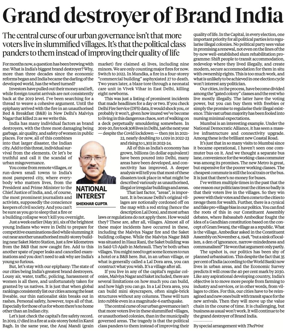 HindolSengupta's tweet photo. I agree with every word @ShekharGupta has written - Indian cities are unliveable and they are greatest destroyers of the Indian brand. They are badly managed, ironically against the poor, the middle class and the rich (who don’t get the quality they deserve for taxes they pay). https://t.co/Zhqo5v6IAu