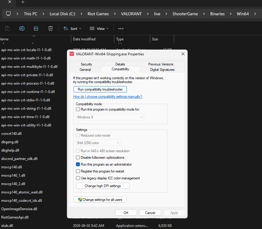 Pygowsky's tweet photo. Do you have the VALORANT-Win64-Shipping.exe set to run as administrator? As well as your Riot client?

Also, open services.msc, scroll down to vgc and make sure the service is running and set to automatic. After this, win + R and open %localappdata%, then find the Valorant folder. In there, renamed the Saved folder to saved.old.

Sometime if my loading screen stops, I hit the windows key and go back in and that fixes the hiccup.

Good luck amigo!