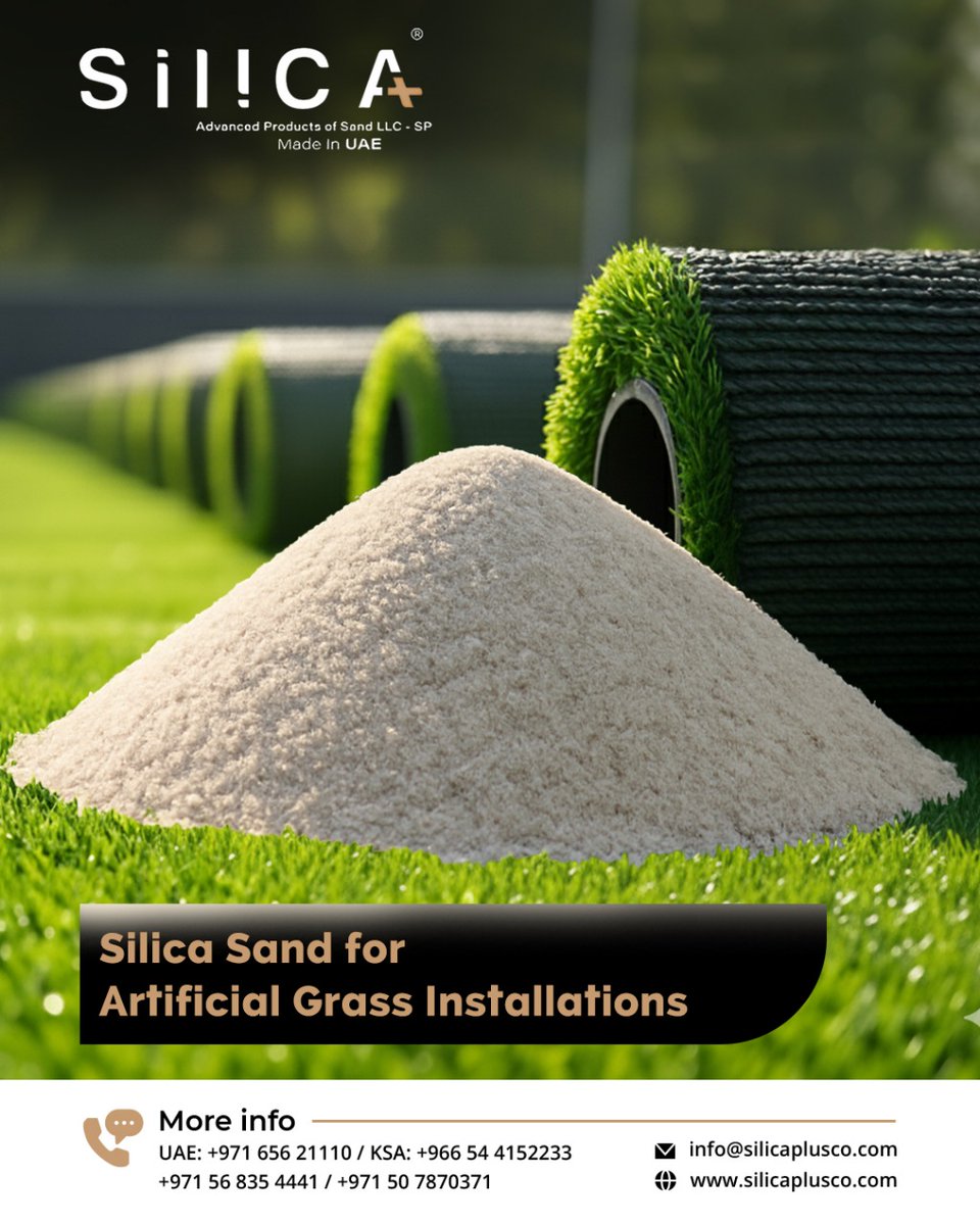 silica_plus's tweet photo. Do you want to prolong the lifespan of your turf?

Use Silica Sand, the infill that helps the artificial grass blades stand upright, preventing them from flattening or matting down, which maintains a more natural and attractive appearance. It also improves stability, enhances drainage, reduces heat, and extends the life of your grass.

Contact us now!
Call: +971 656 21110, Mob. Nos.: UAE +971 56 835 4441, +97150 7870371; KSA: +966 54 4152233
Visit: https://t.co/3GRUMnHVEw
Email: info@silicaplusco.com

#turfsurfaces #silicasanduae #industrialrawmaterials #highgradesand #turfsand #filtrationsand #foundrysand #uaesupplychain #silicaplus #silicasandsupplier #silicasandsupplieruae #silicafloursupplier