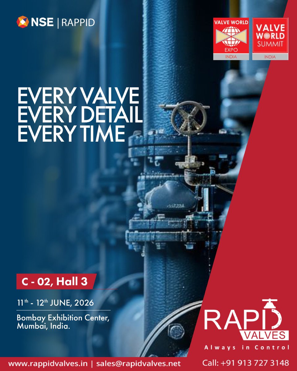 RappidValve's tweet photo. From advanced manufacturing processes to rigorous quality inspections, every product is designed to deliver long-term reliability and performance.
Join us at Valve World 2026 on 11th & 12th June at Stall No. C - 02, Hall 3, Bombay Exhibition Centre, Mumbai!
#AlwaysInControl https://t.co/IXoHvBk9SF