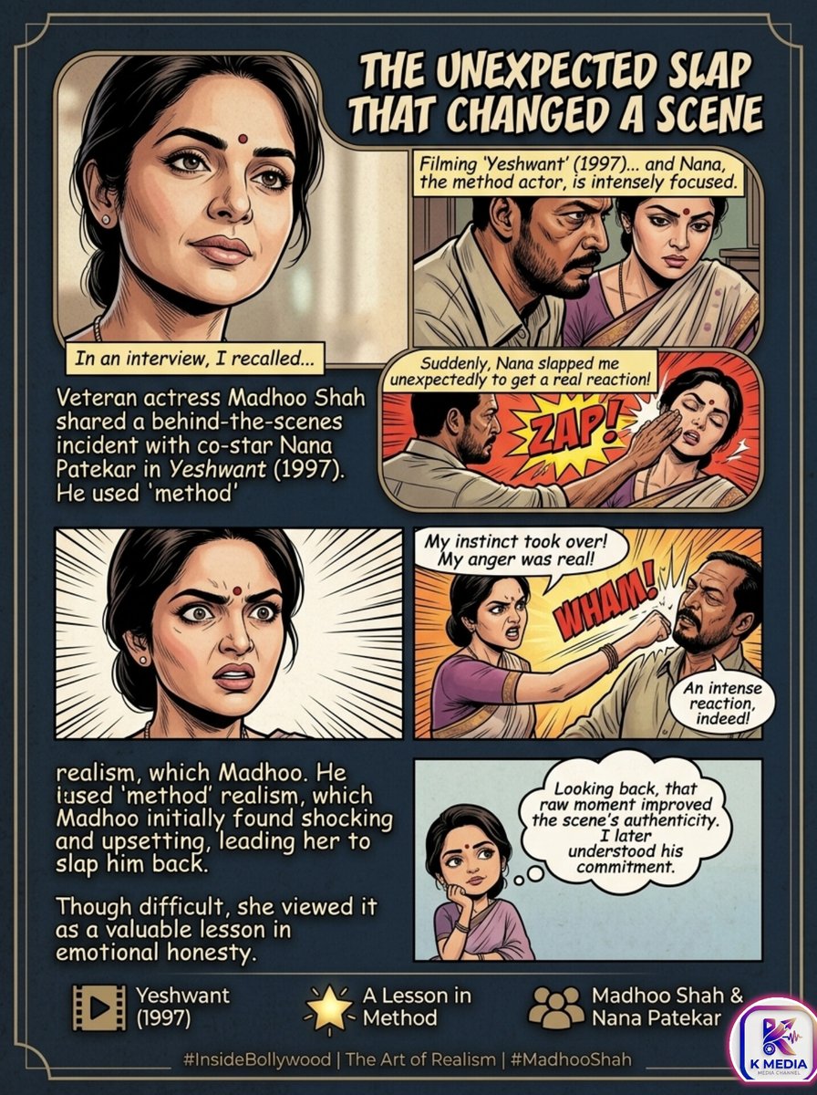 Tvmania2000's tweet photo. Madhoo Shah recalls being slapped for real by Nana Patekar during a scene in Yeshwant and reveals she instantly hit him back in anger. The actress says the intense moment taught her a valuable lesson about authentic acting.
#MadhooShah #NanaPatekar #Yeshwant #Bollywood https://t.co/1pblm0XgYM