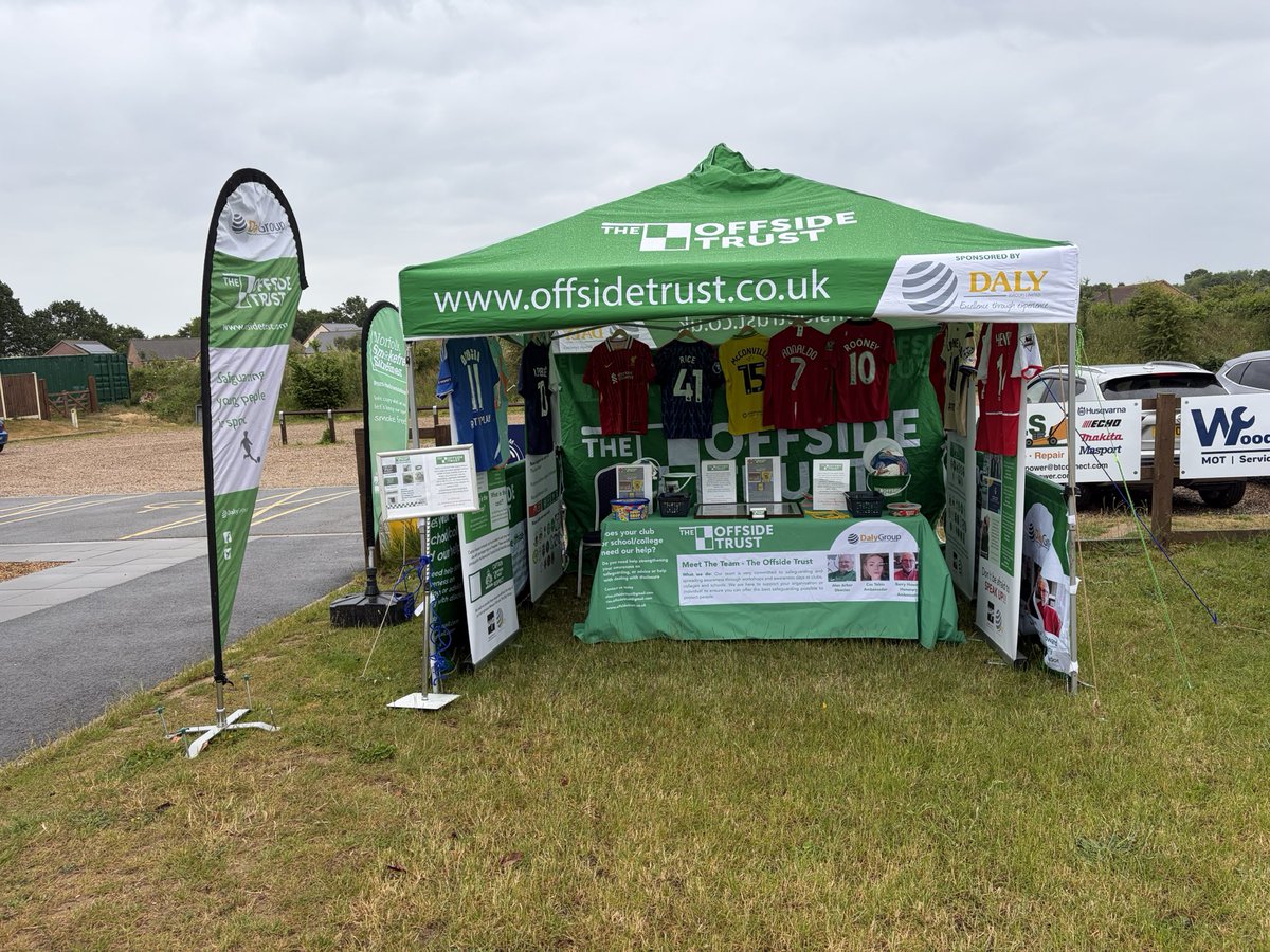 arber_boy's tweet photo. All set up with our @OffsideTrust stand here at the @aylsham_fc tournament. If your attending come say hi and get dine tickets to win one of 3 great prizes. Or you can have your picture taken with an iconic signed shirt or if you have any problems you can visit our new safe space https://t.co/5nSCfJoFow