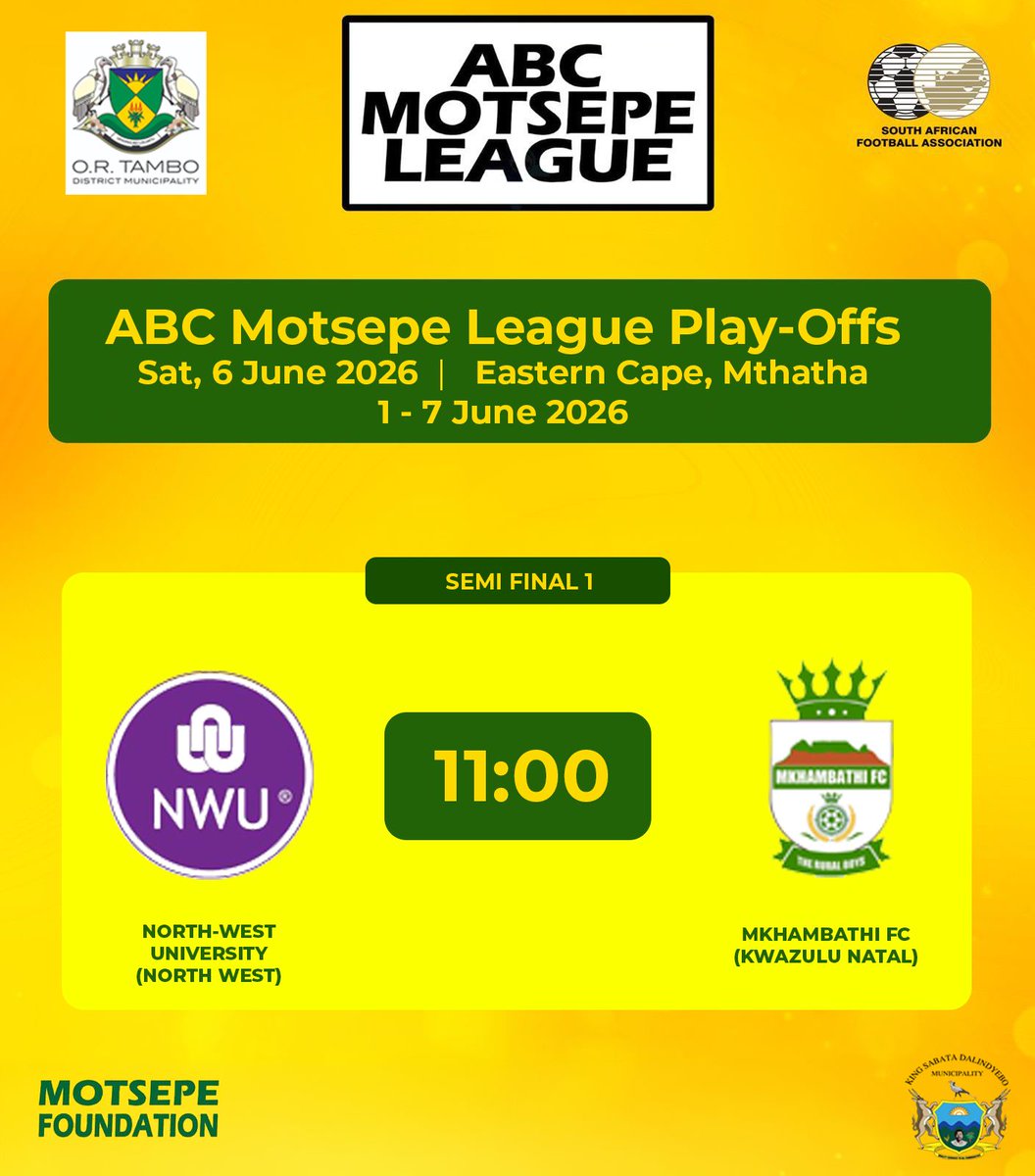 SAFA_net's tweet photo. Our first Semi-Final of the day in the ABC Motsepe League Play Offs is set to kick off at 11:00 with North-West University taking on Mkhambathi FC and the second Semi-Final starting at 15:00 at the Mthatha Stadium.

#ABCMotsepeLeague https://t.co/UCp0DdOJNr