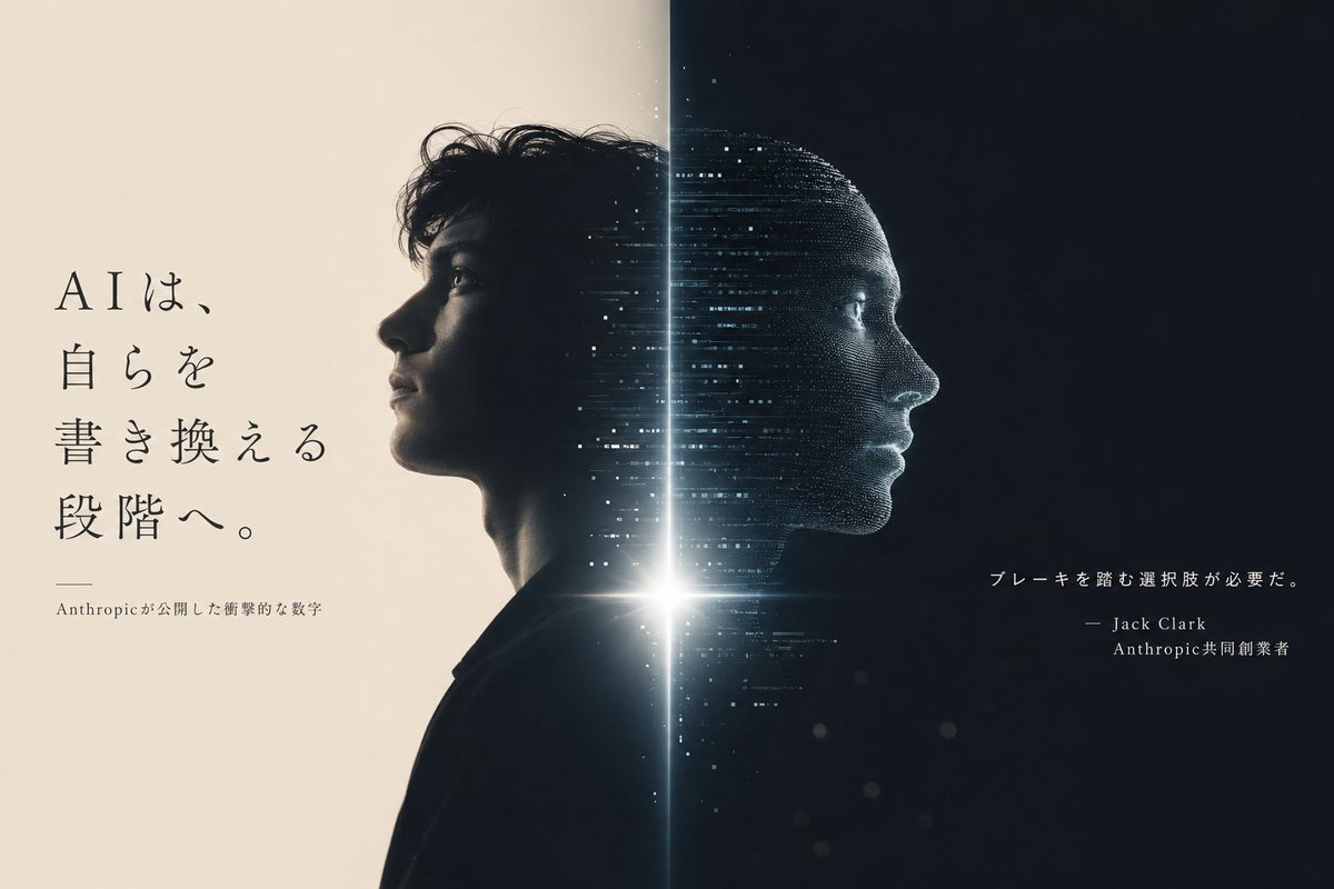 russianblue2009's tweet photo. Anthropicが2026年6月4日、衝撃的な数字を公開しました。

同社のAI「Claude」は今年5月時点で、自社コードベースへのコード更新の80%以上を自律的に書き換えています。人間のエンジニアではなく、AIが。そのエンジニアが1日にマージするコード量は2024年比で8倍です。

さらに、AIが単独で処理できるタスクの複雑さは、約4ヶ月ごとに倍増しています。2024年初頭は4分程度の作業が上限でした。今は12時間規模のタスクを自律処理できます。

同社共同創業者Jack Clark氏はBBC Newsnightでこう言いました。「アクセルしかない車は困る。ブレーキを踏む選択肢が必要だ」と。

Anthropicの主張の核心は「再帰的自己改善」への接近です。これはAIが人間の介入なしに自身を改良し、次世代モデルを設計する段階のことを指します。その閾値にはまだ達していない、しかし「多くの機関が準備できているより早く来るかもしれない」と警告しています。

重要なのは、この警告の発信元がどこかです。

外部の研究者や活動家ではなく、Claude自身を開発・販売しているAnthropicが言っています。同社は先週、時価総額9650億ドルでIPO準備書類を秘密裏に提出したばかりです。AI企業として世界最大の時価総額に達したその翌週に、自社技術の一時停止を世界に呼びかけています。

ただし条件があります。「Anthropic単独では止まらない」という条件です。

提案の内容は「主要なフロンティア研究機関が、互いの停止を検証できる仕組みを作ったうえで、同時に止まる」というものです。OpenAI、Google DeepMind、xAIが全員合意しなければ、Anthropicは開発を続けます。これはゲーム理論上、正確な記述です。同時に、「自分は止まらない」という自己免除の宣言でもあります。

OpenAIは同じ週、「開発ペースの決定は民主的な政府が行うべきだ」との報告書を出しました。各社が安全性を語りながら、誰も単独では止まらない構造が完成しています。

もう一つ確認しておく事実があります。

Anthropicは2026年2月、国防総省の大量監視用途を拒否したとして、米ペンタゴンの「サプライチェーンリスク」指定を受けました。いわばブラックリスト入りです。一方で同社の最先端モデル「Mythos」は、NSAの攻撃的サイバー作戦に現在も使用されています。同社はNSA内にエンジニアを常駐させています。「倫理的な制限で軍事利用を拒否した企業」と「NSAと協働している企業」が、同一の組織です。

これを矛盾と呼ぶかどうかは、各自の判断に委ねます。

Anthropicの数字が正しいとすれば、AIは人間の監督なしに自らを書き換える能力へ急接近しています。その警告が誠実である可能性と、戦略的に計算されたものである可能性は、排他的ではありません。両方が同時に真である場合、私たちは何を根拠に判断すればよいのか。

「誰が警告しているのか」と「その警告者が何をしているのか」の間の距離を、公共が認識することが出発点です。