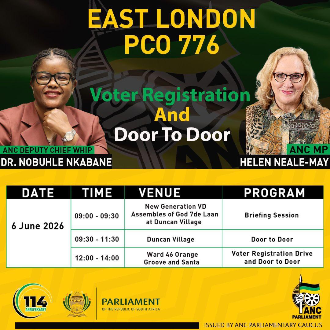 ANCParliament's tweet photo. ANC Deputy Chief Whip, Cde Nobuhle Nkabane and MP Cde Helen Neale-May are today leading the East London Constituency Office on a voter registration and door to door campaign. 

#ANCAtWork
#ConstituencyWork
#RegisterToVoteANC https://t.co/DlH2IkbG61