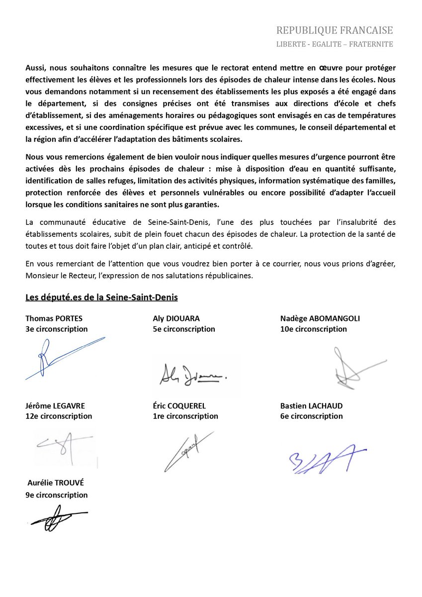 Portes_Thomas's tweet photo. Avec mes collègues députés de Seine-Saint-Denis, nous avons adressé un courrier au rectorat afin de l'alerter sur les conséquences de la canicule dans les établissements scolaires et de demander la mise en place d'un plan canicule.

Les épisodes de canicule vont devenir de plus en plus fréquents et survenir de plus en plus tôt dans l'année, affectant directement la scolarité de nos enfants. La France Insoumise propose un plan d'urgence canicule concret pour protéger les plus impactés. Nous sommes prêts.