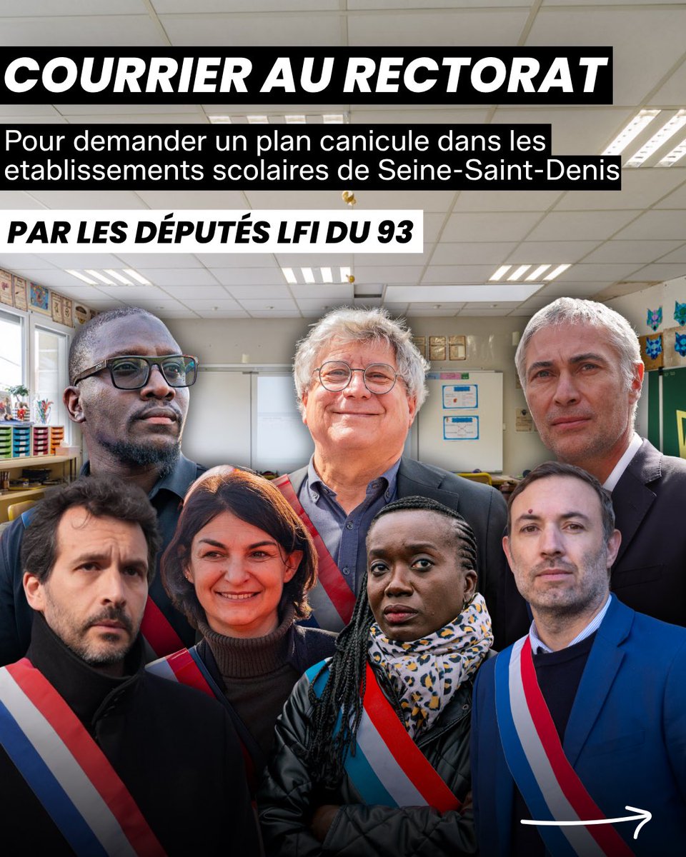 Portes_Thomas's tweet photo. Avec mes collègues députés de Seine-Saint-Denis, nous avons adressé un courrier au rectorat afin de l'alerter sur les conséquences de la canicule dans les établissements scolaires et de demander la mise en place d'un plan canicule.

Les épisodes de canicule vont devenir de plus en plus fréquents et survenir de plus en plus tôt dans l'année, affectant directement la scolarité de nos enfants. La France Insoumise propose un plan d'urgence canicule concret pour protéger les plus impactés. Nous sommes prêts.