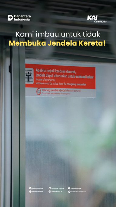 CommuterLine's tweet photo. Kami mengimbau #RekanCommuters untuk tidak membuka jendela kereta kecuali dalam keadaan darurat.
#KAICommuter #CommuterLine #MelayaniSepenuhHati https://t.co/hv4jZIb2lE