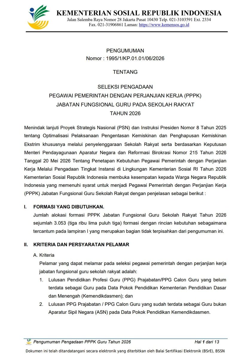 p3kcpns's tweet photo. Adapun kelengkapan edaran seleksi PPPK Guru Sekolah Rakyat 2026, bisa kalian lihat dan baca lebih jelas termasuk syaratnya pada gambar berikut. Kesempatan banget bagi kamu lulusan PPG Prajabatan/Calon Guru yang baru lulus.unt https://t.co/NRtVs6RMho