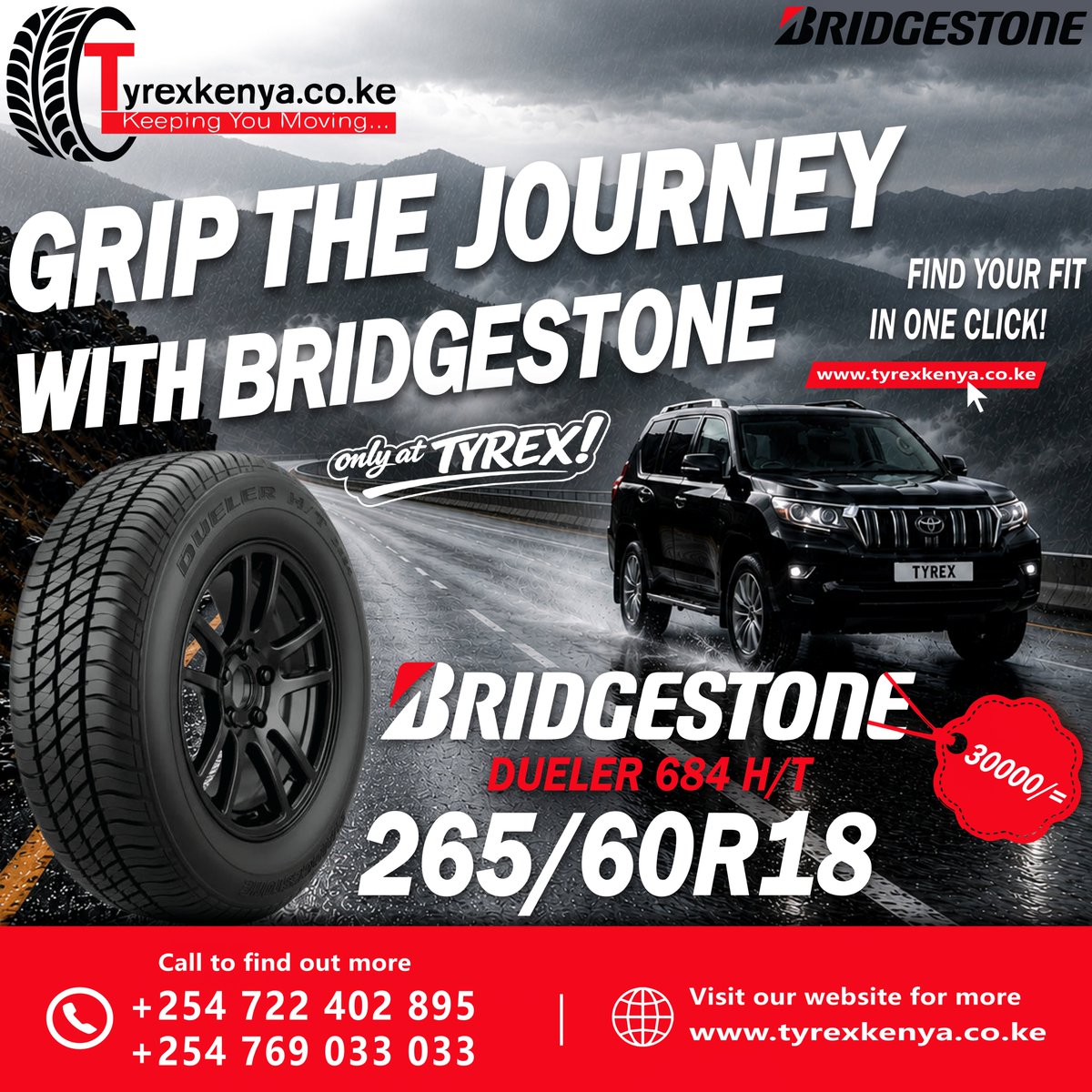 tyrexkenya's tweet photo. 🚙 COMFORT MEETS CONFIDENCE ON EVERY JOURNEY!

Enjoy a smooth, quiet ride with the BRIDGESTONE DUELER 684 H/T 265/60R18 — designed for dependable highway performance, &amp; long-lasting durability for your SUV.
💰 Now Available at KES 30,000/=

🌐 https://t.co/KI3HAjcMGr https://t.co/VRjpmU9yLs
