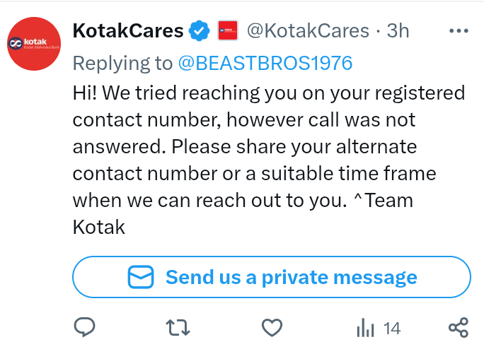 BEASTBROS1976's tweet photo. @KotakBankLtd I don't receive any kind of call today plz call me on my registered number which I have send you guys at your dm I am again sending the contract number. https://t.co/0Dc8n1fE2k