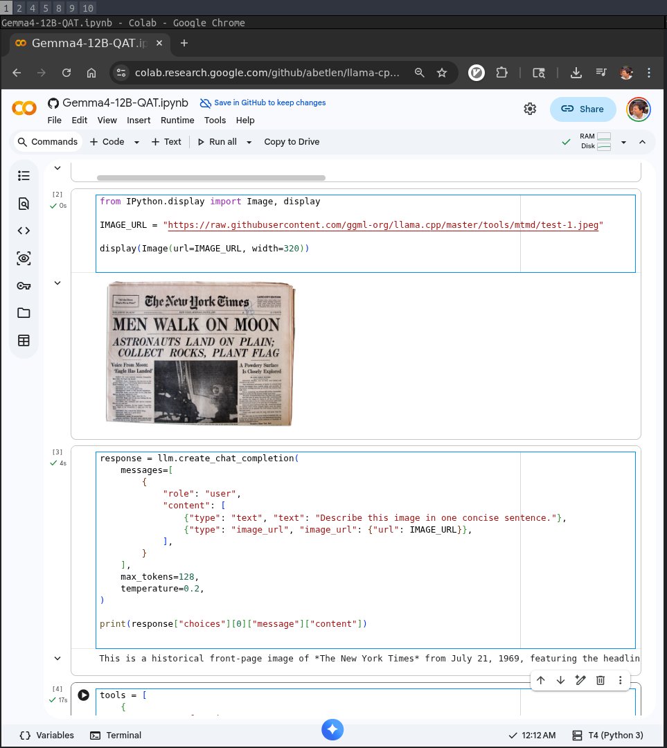 abetlen's tweet photo. btw you can run Gemma 4 QAT using llama.cpp in a T4 Google Colab notebook (link in reply) https://t.co/uTmjAGJOJY