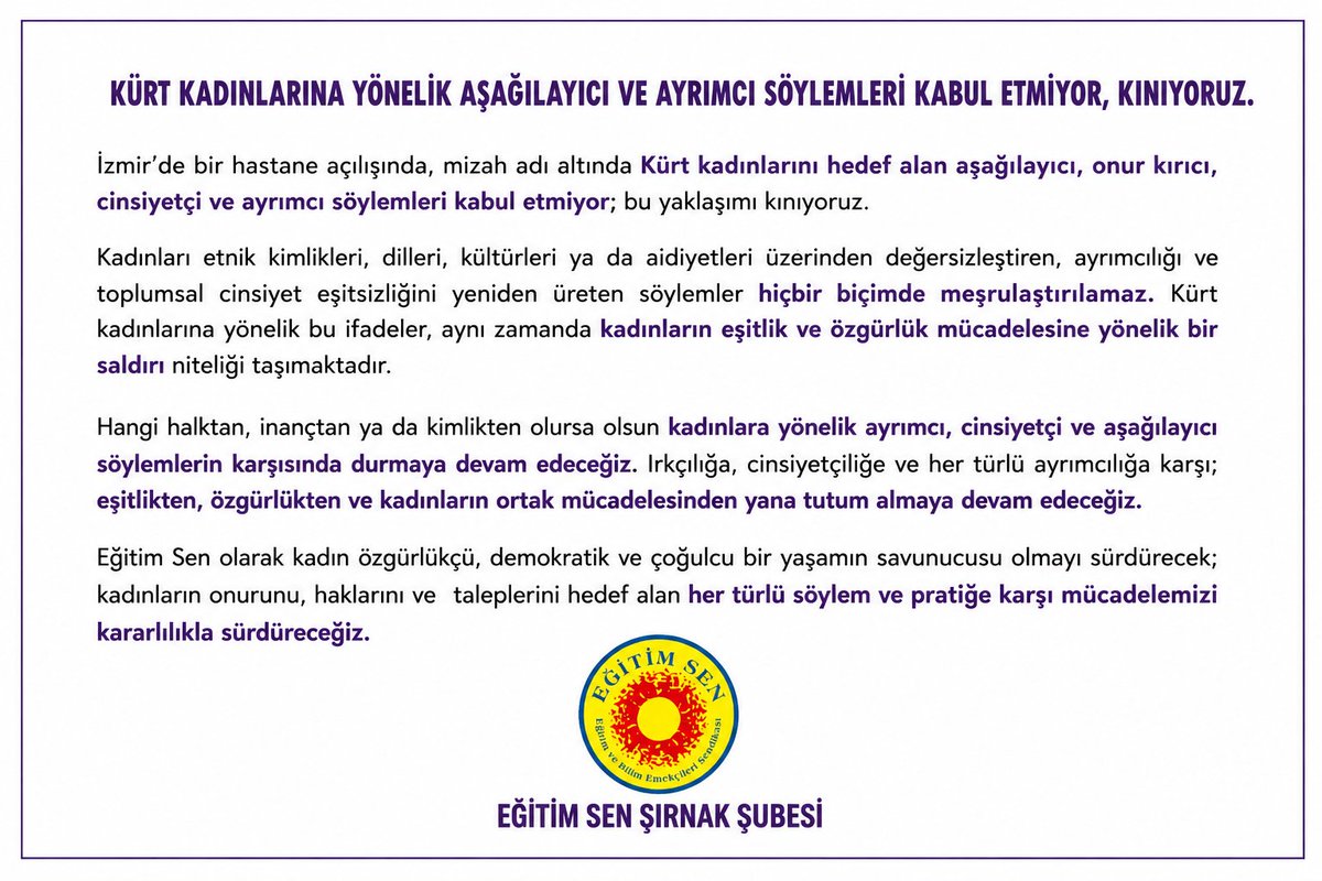 sirnakegitimsen's tweet photo. İzmir’de bir hastane açılışında, mizah adı altında Kürt kadınlarını hedef alan aşağılayıcı, onur kırıcı, cinsiyetçi ve ayrımcı söylemleri kabul etmiyor; bu yaklaşımı kınıyoruz.
#RahmiKoçÖzürDile https://t.co/4k6EUW9CJ7
