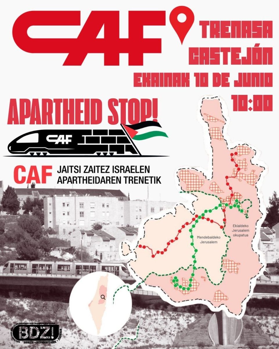 Palestinarekin's tweet photo. Gaur hasten da CAFen aurkako Ekintza Globaleko Astea. Irunen, Castejonen eta Zornotzan CAFek erabiltzen dituen instalazioetan egingo diren kontzentrazioetara bertaratzeko deia egiten dugu. Eta ekainaren 13an denak Beasainera! https://t.co/BHcnwA49o8